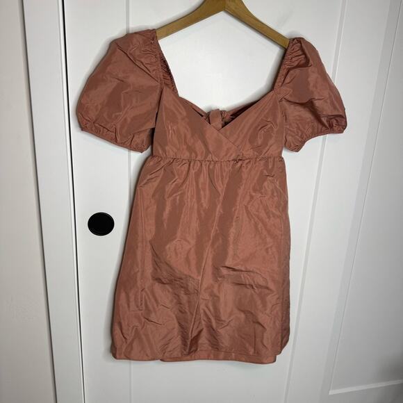 Aritzia Wilfred Heirloom Pink Puff Sleeve Tie Back Mini Dress Size Medium - Picture 1 of 6